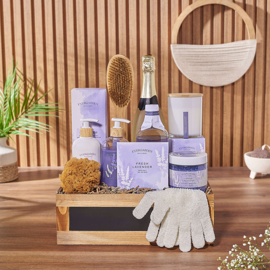 A soothing gift filled with comfort, the Deluxe Lavender & Champagne Spa Gift is a surefire delight, Montreal delivery