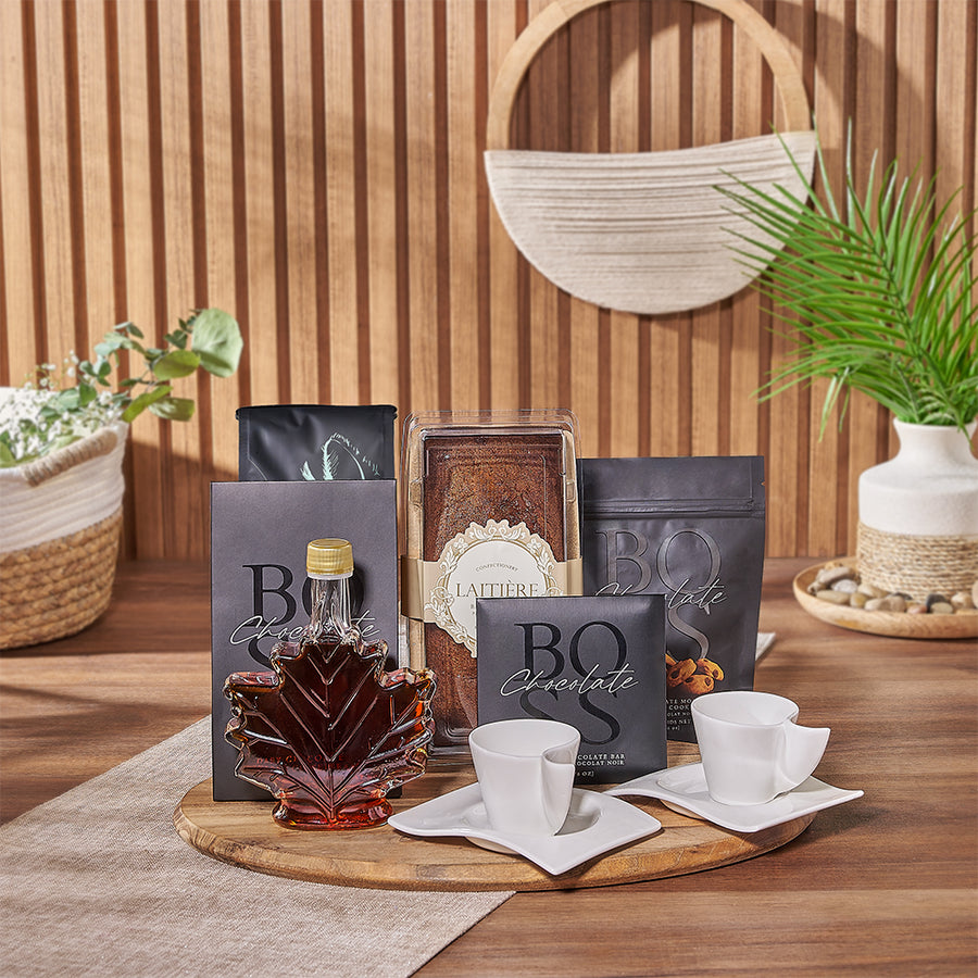 Serve in style with the two espresso cups with saucers and teak serving board, Montreal delivery