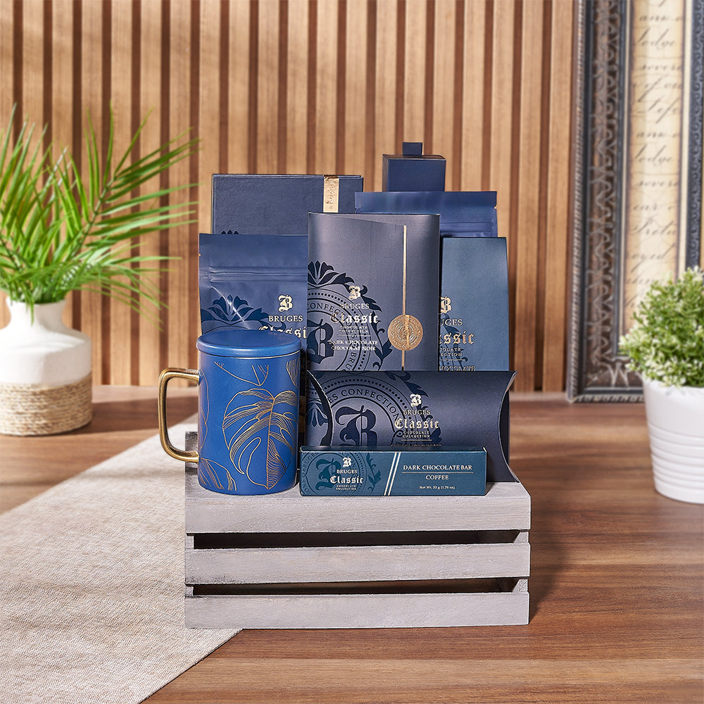 All Things Chocolate Gift Basket with Bruges Chocolate Assortment – gift basket with bruges book blue, bruges dark truffle assortment - 6pcs narrow