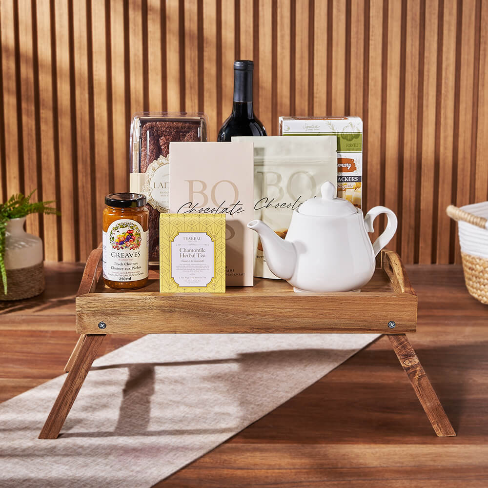 Wine Gift Basket Featuring Butterscotch Shortbread and Tea Set – gift basket with bottle of wine : this gift includes a bottle of wine, laitiere banana bread : sweet and tender, this banana loaf is a classic snacking cake bursting with flavor. enjoy along