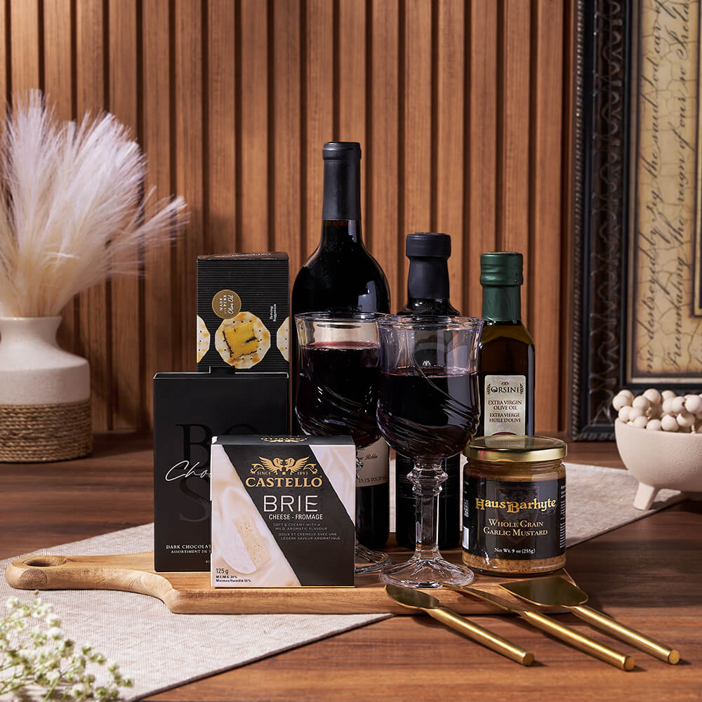 Wine Gift Basket with Brie Cheese, Crackers, and Palatine Hills Lakeshore Red – gift basket with bottle of wine, orsini balsamic vinegar and orsini
