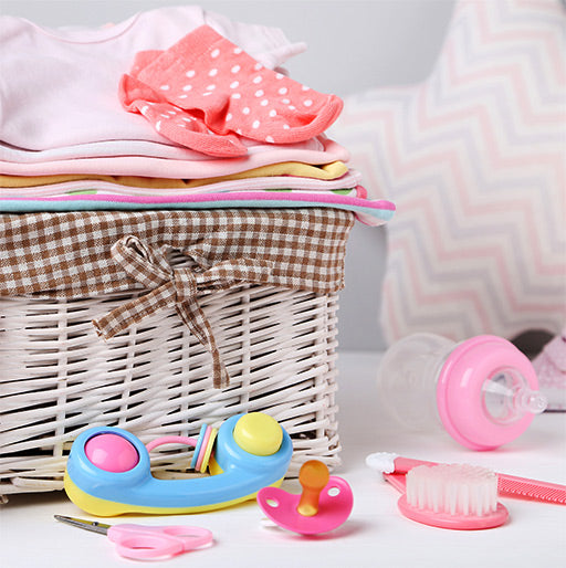 Teether, Comb, Baby Bottle, Pink Towels for Her - Baby Gift Baskets - Montreal Baskets