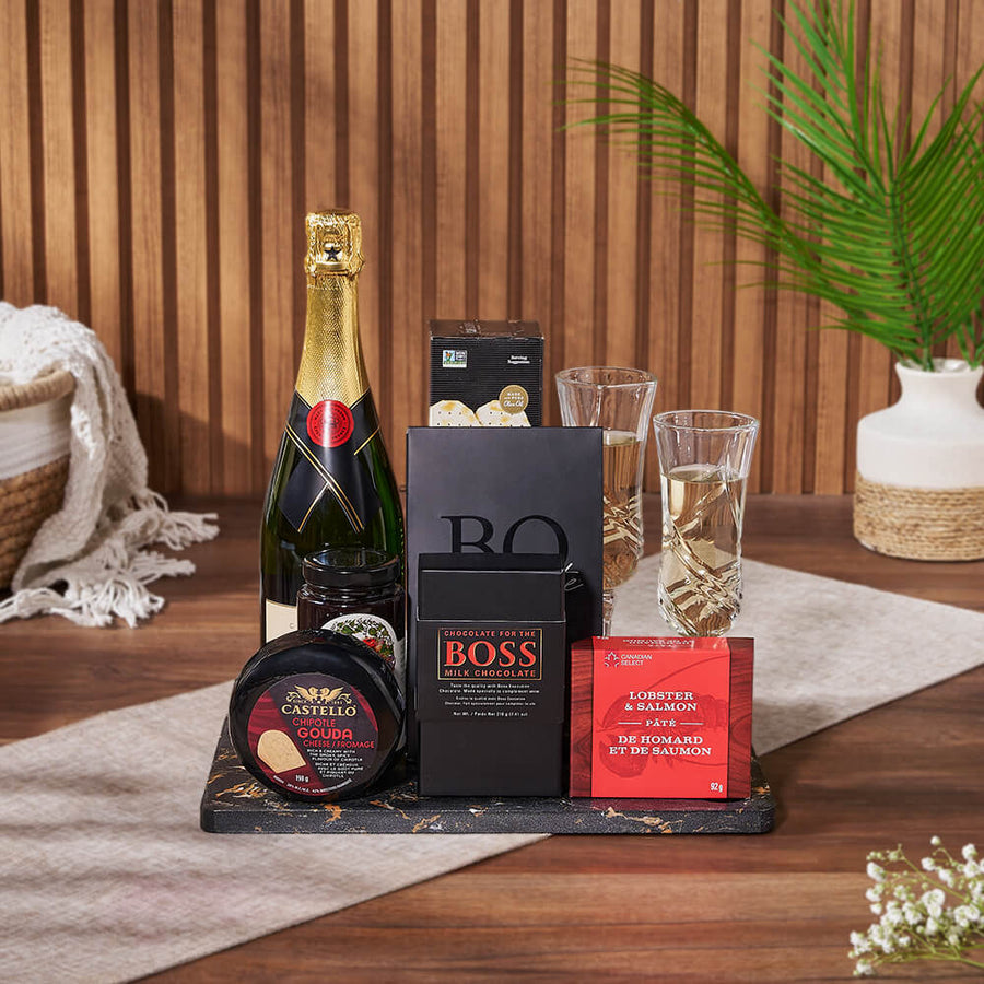 Celebratory Champagne Gift Board, champagne gift, champagne, sparkling wine gift, sparkling wine, chocolate gift, chocolate, seafood gift, seafood, Montreal delivery