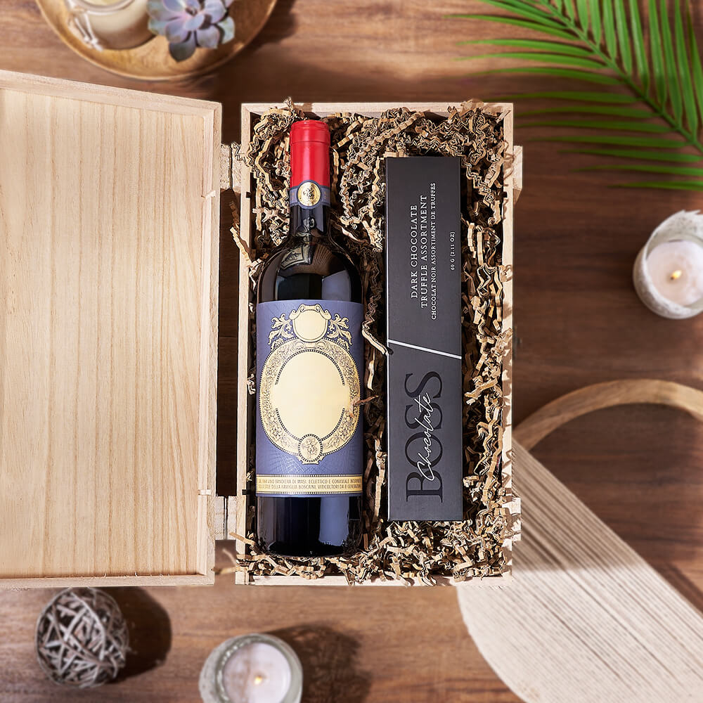 Wine Gift Box with Palatine Hills Lakeshore Red and Boss Dark Chocolate Truffles – how the gift is presented
