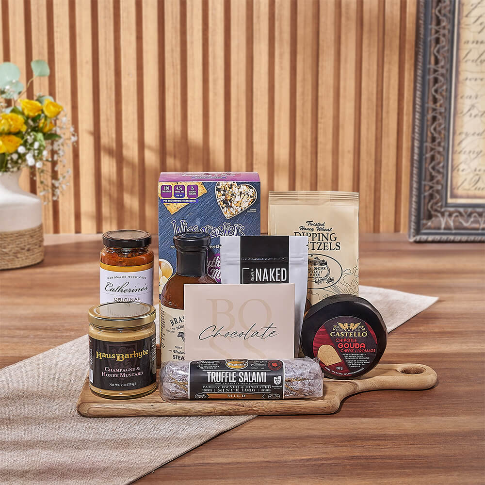 Decadent Dip Trio Gift Board with Chipotle Gouda Cheese and Truffle Salami – how the gift is presented