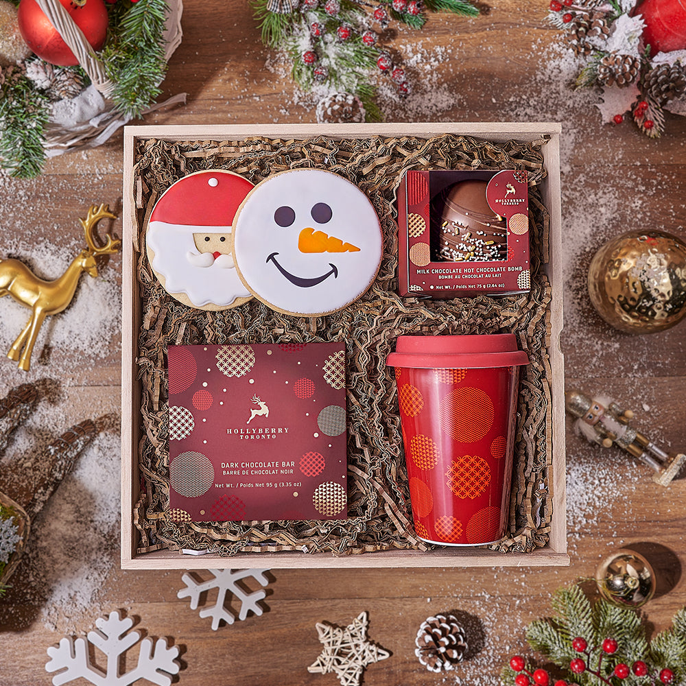 Holiday Hot Chocolate Bomb and Cookie Gift Basket – how the gift is presented
