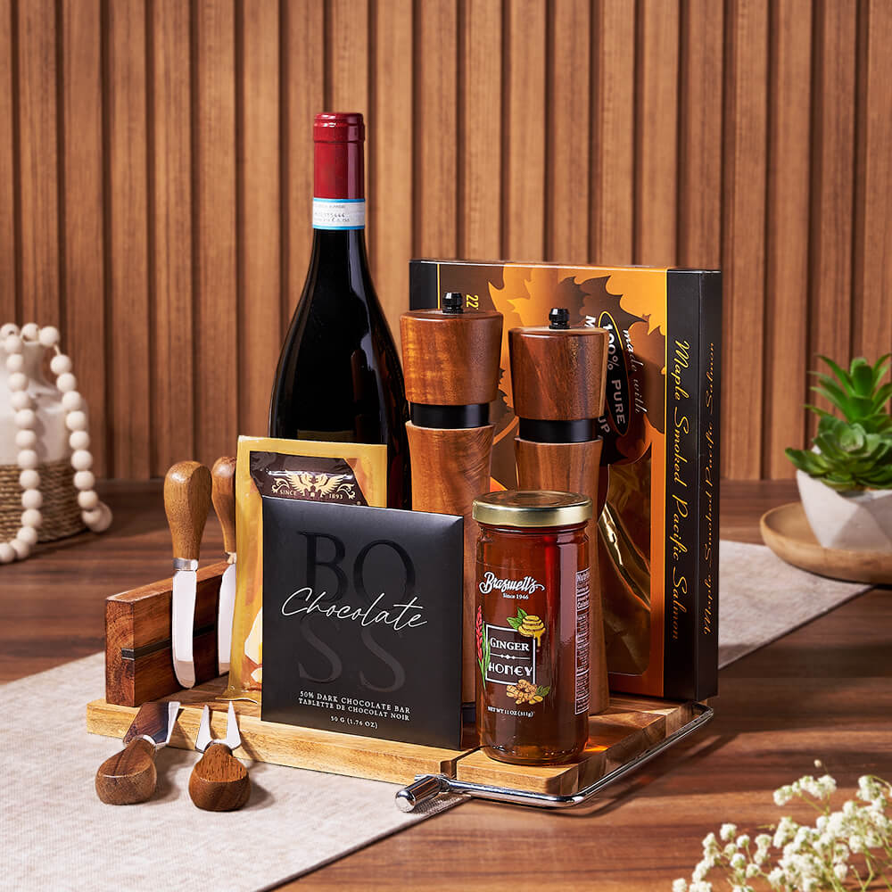 Wine Gift Basket with Smoked Salmon – how the gift is presented