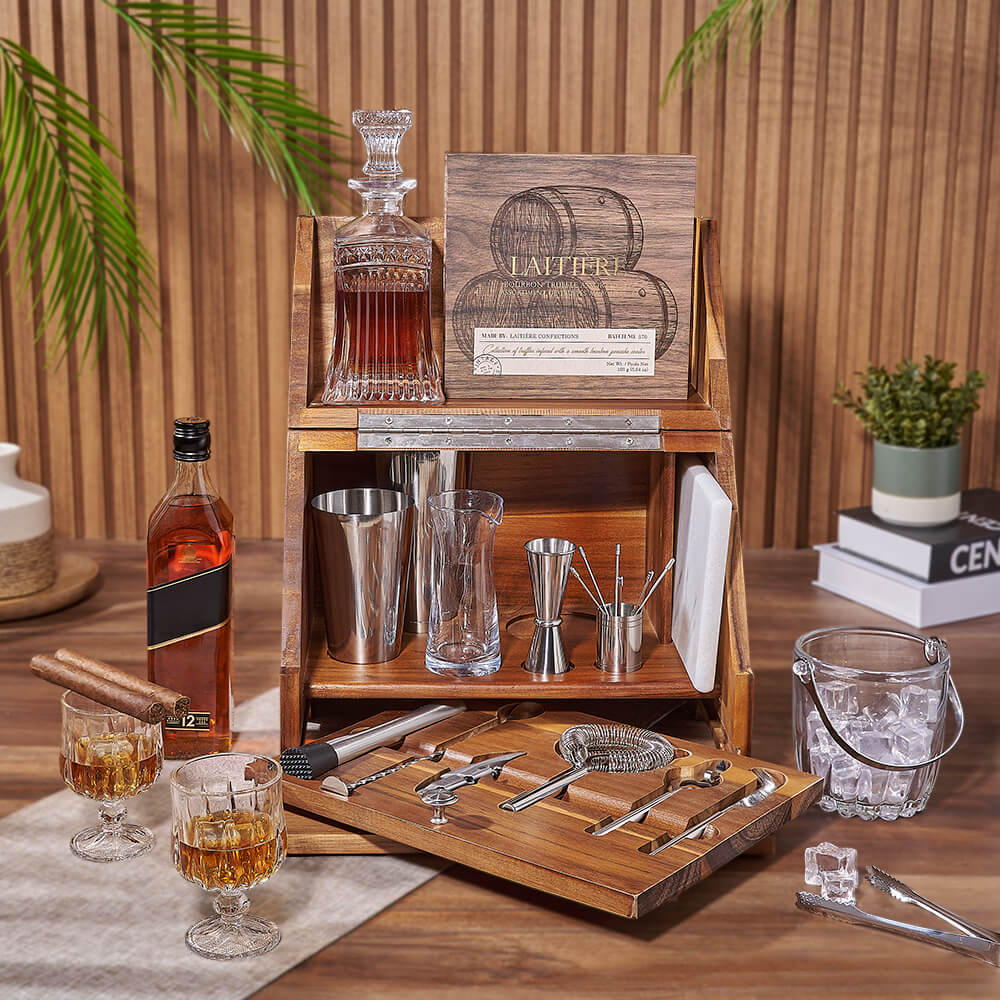 Whiskey Gift Set with Decanter, Truffles, Cigars, Glasses, and Bar Tools – how the gift is presented