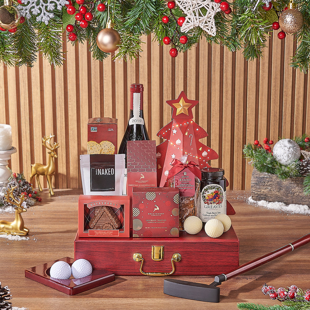 Golfer's Holiday Wine Gift Basket, wine gift, wine, chocolate gift, chocolate, christmas gift, christmas, golf gift, golf, Montreal delivery Golfer's Holiday Wine Gift Basket, wine gift, wine, chocolate gift, chocolate, christmas gift, christmas, golf gift, golf, Montreal delivery