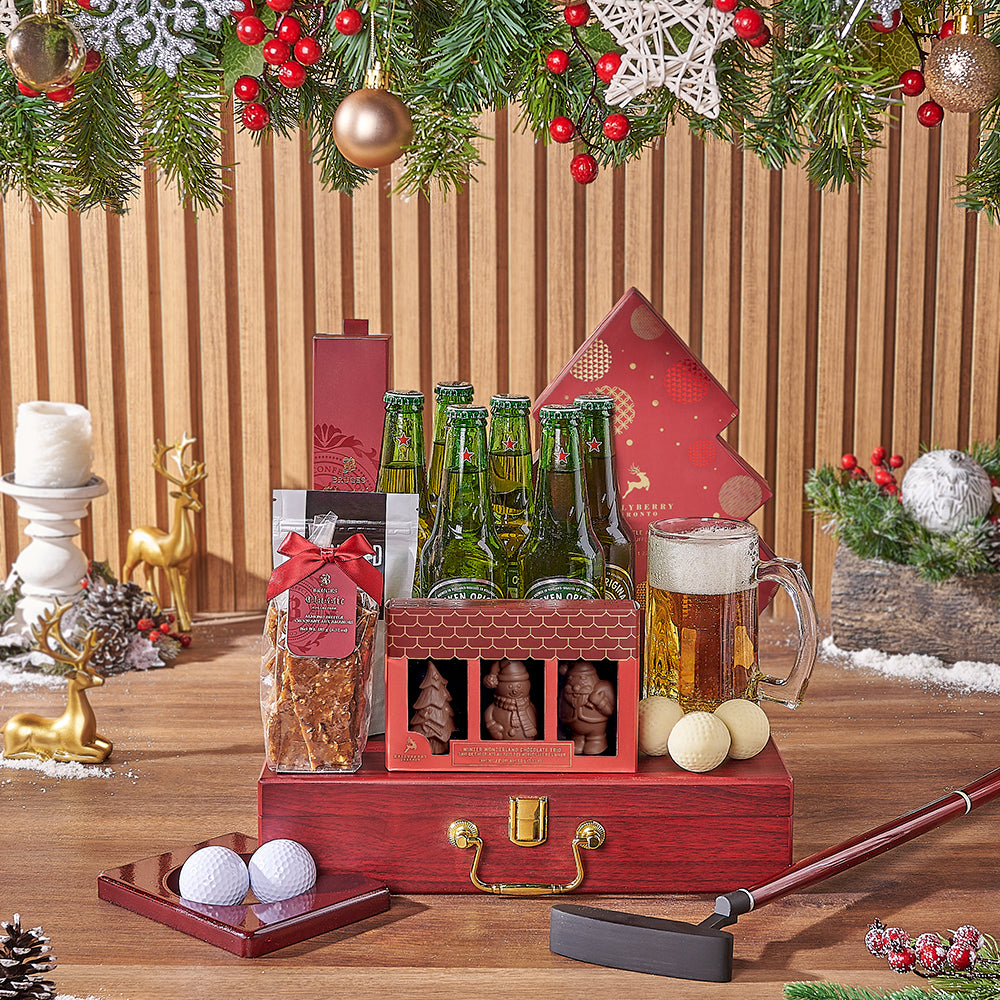 Holiday Beer & Snacks Gift Basket, beer gift, beer, chocolate gift, chocolate, golf gift, golf, christmas gift, christmas, Montreal delivery Holiday Beer & Snacks Gift Basket, beer gift, beer, chocolate gift, chocolate, golf gift, golf, christmas gift, christmas, Montreal delivery