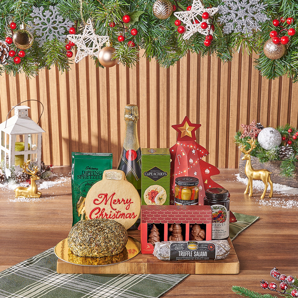 Holiday Sparkling Treats and Wine Basket – how the gift is presented