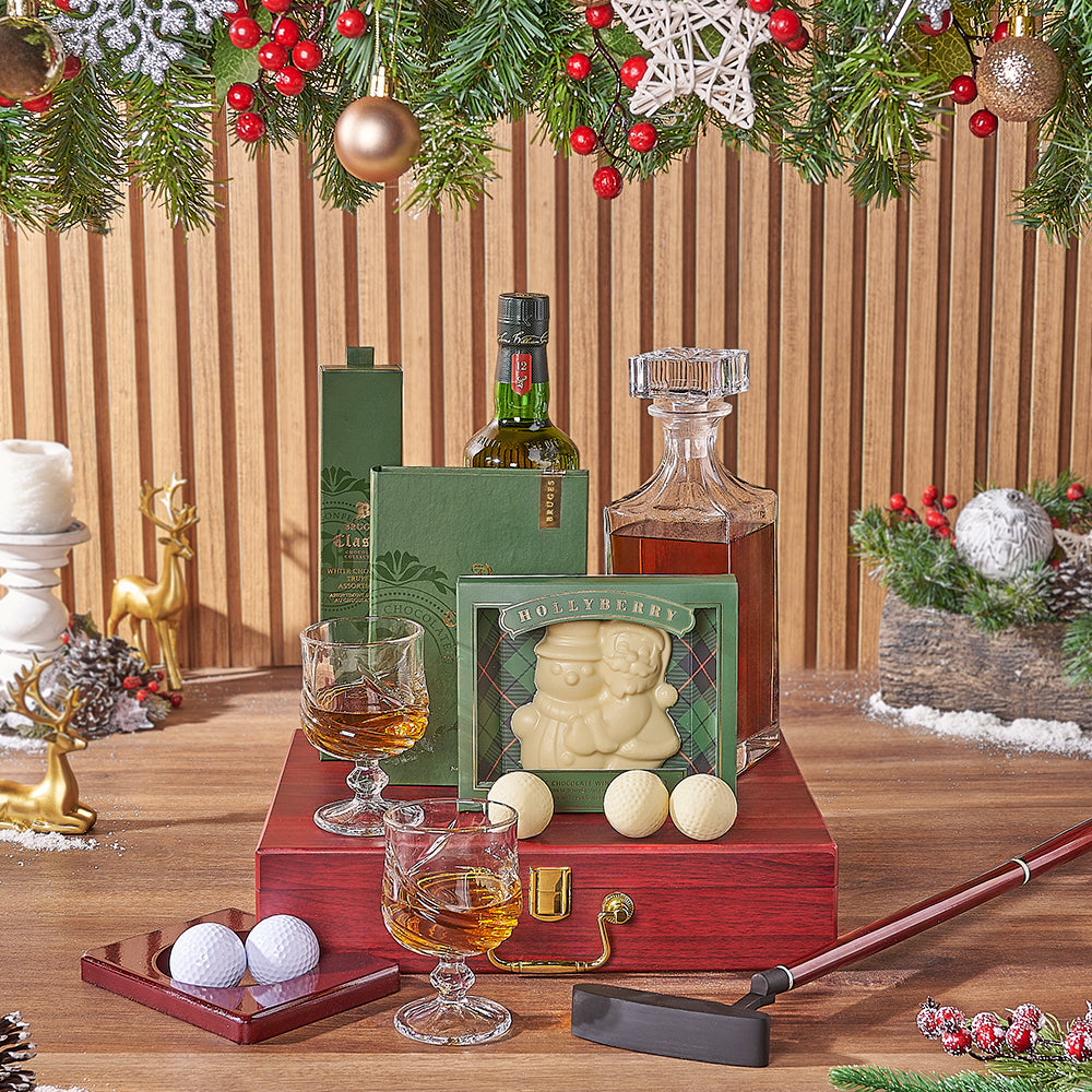 Holiday Golf & Liquor Gift Basket, liquor gift, liquor, chocolate gift, chocolate, golf gift, golf, Montreal delivery Holiday Golf & Liquor Gift Basket, liquor gift, liquor, chocolate gift, chocolate, golf gift, golf, Montreal delivery