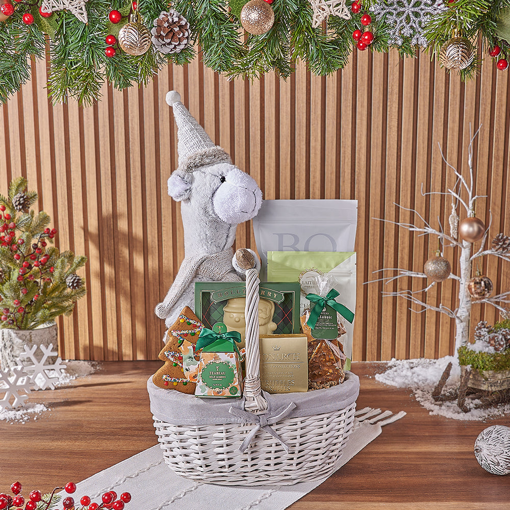 Festive Plush Llama and Treats Basket – how the gift is presented