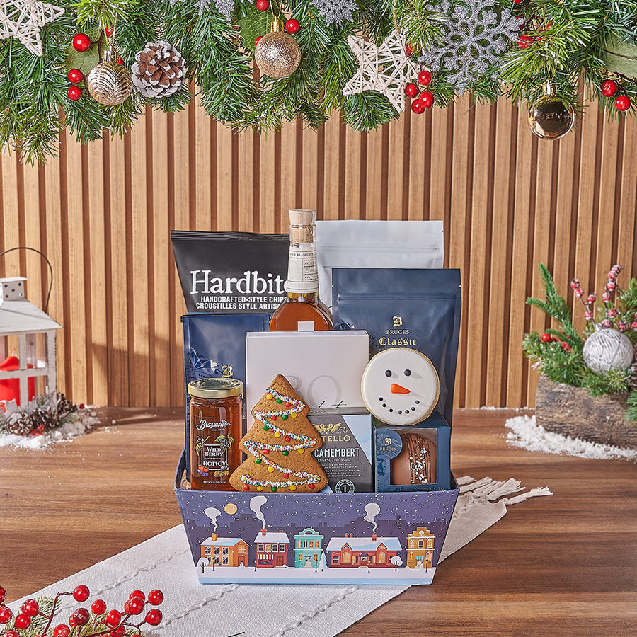 Holiday Snack Smorgasbord with Liquor, liquor gift, liquor, chocolate gift, chocolate, cookie gift, cookie, chocolate gift, chocolate, Montreal delivery