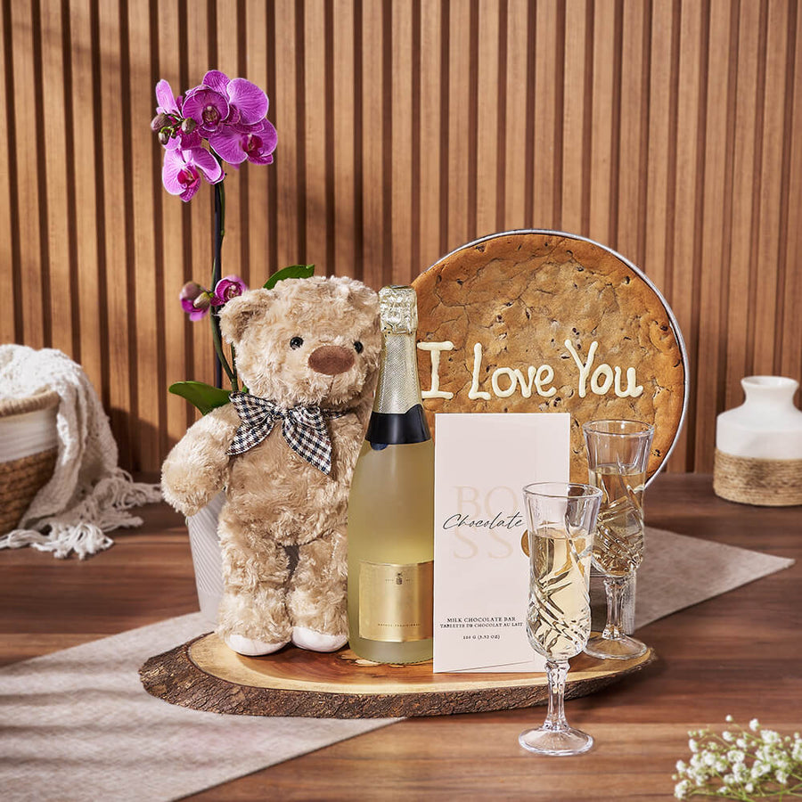“I Love You” Cookie & Champagne Gift Set, champagne gift, champagne, sparkling wine gift, sparkling wine, plant gift, plant, orchid gift, orchid, Montreal delivery