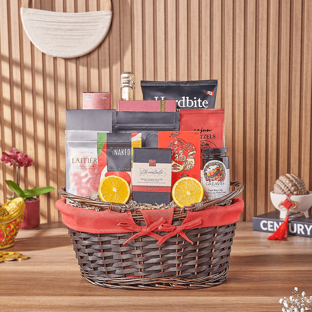 Chinese New Year Sparkling Wine Gift Basket with Chocolate and Fruit – how the gift is presented