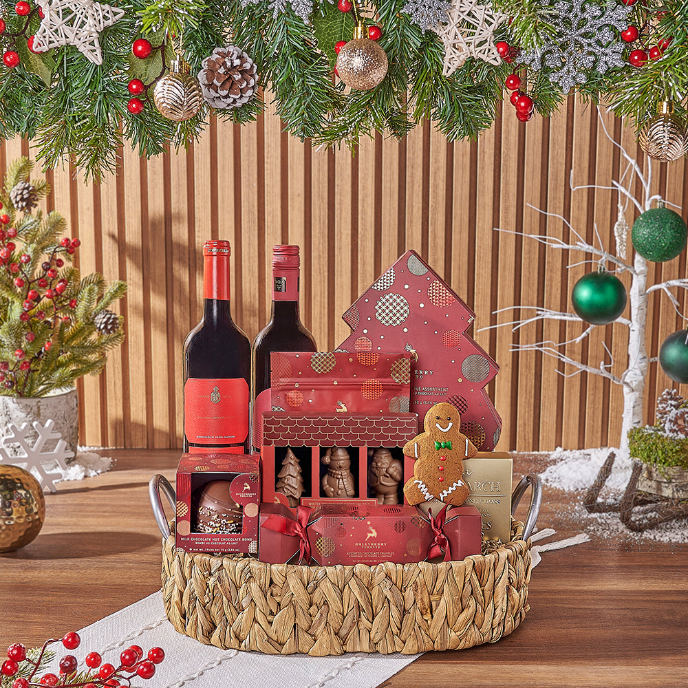 Wine and Chocolate Festive Gift Basket – how the gift is presented
