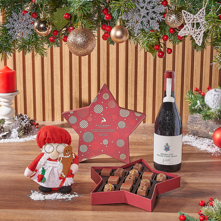 Shining Star Wine Gift Basket, wine gift, wine, chocolate gift, chocolate, Christmas gift, Christmas, Montreal delivery
