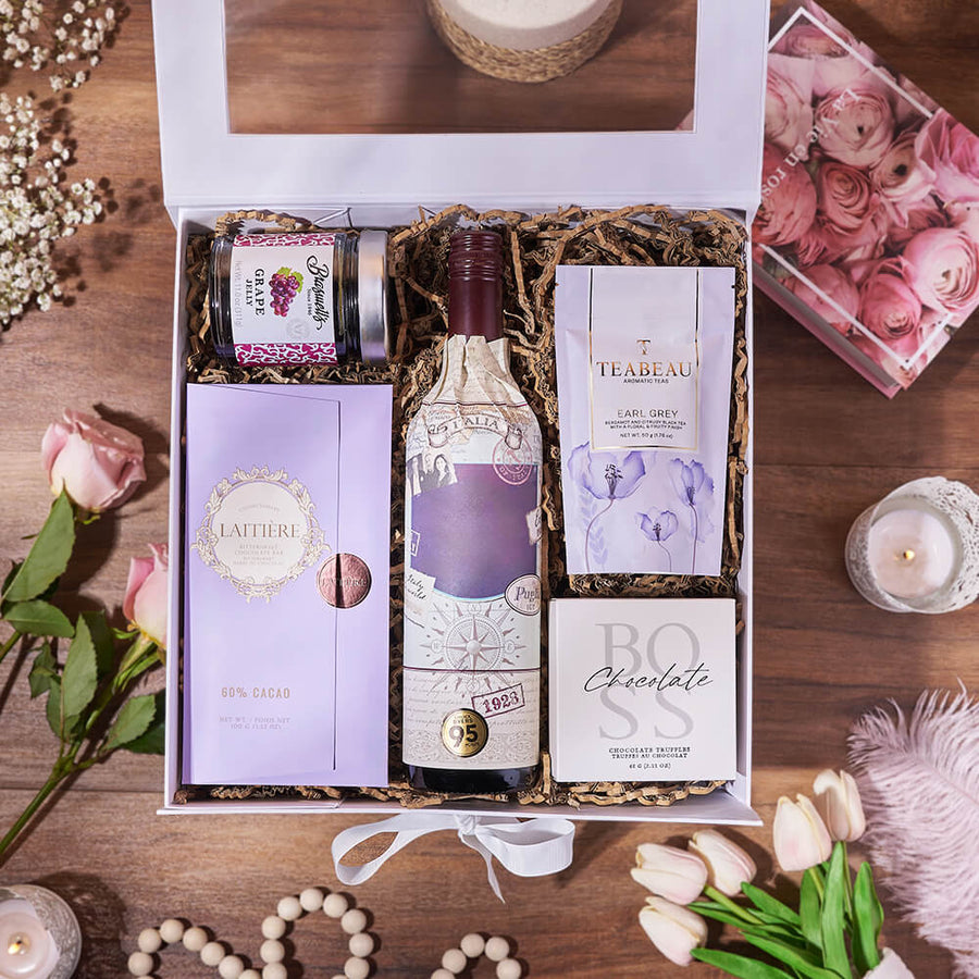 Striking Wine & Chocolate Gift Box, wine gift, wine, chocolate gift, chocolate, tea gift, tea, Montreal delivery