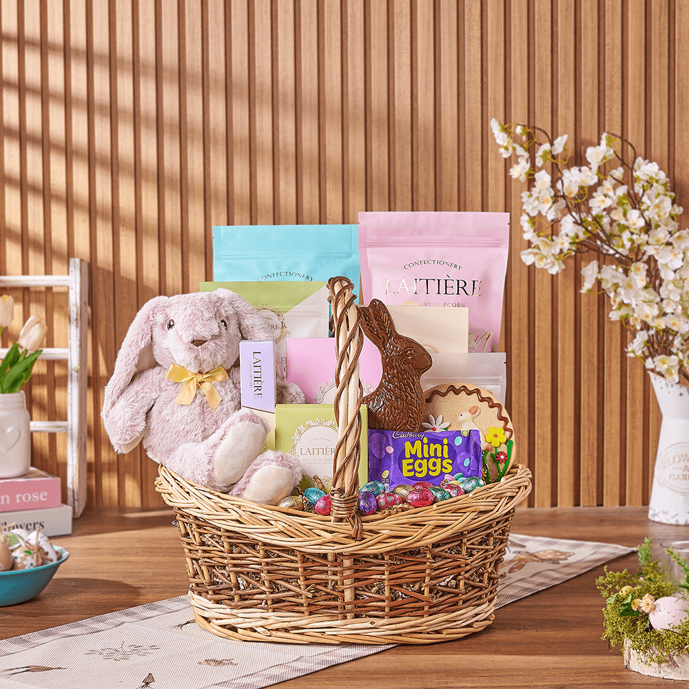 Sweet Easter Basket with Chocolates Plush Bunny and Assorted Treats – how the gift is presented
