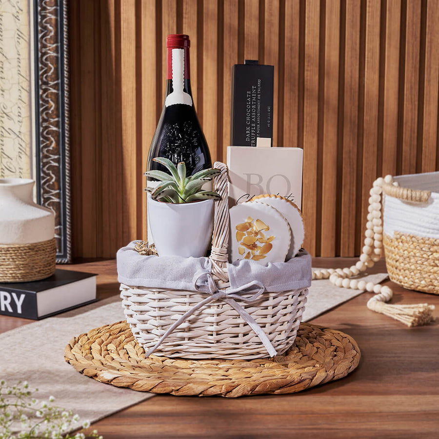 Sweet Succulent & Wine Gift Basket, wine gift, wine, chocolate gift, chocolate, plant gift, plant, Montreal delivery