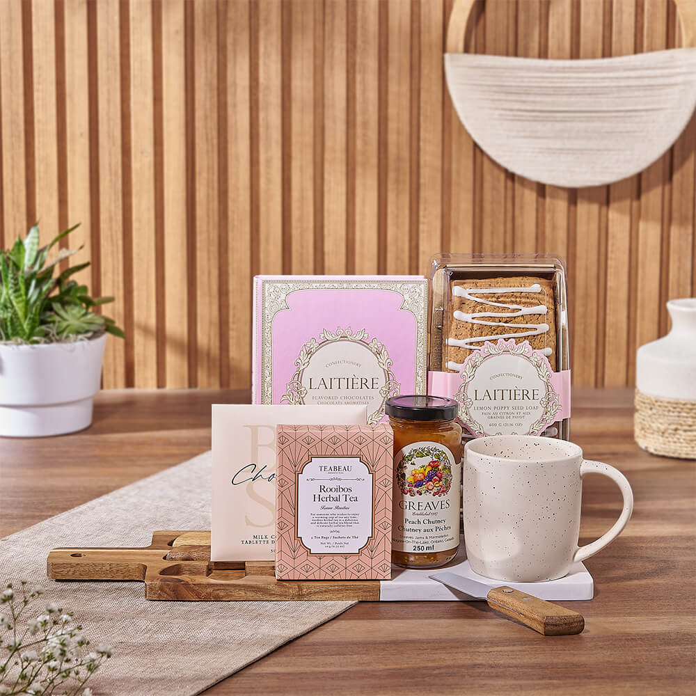 Decadent No-Alcohol Tea and Snack Gift Basket with Lemon Loaf and Cheese Board – how the gift is presented