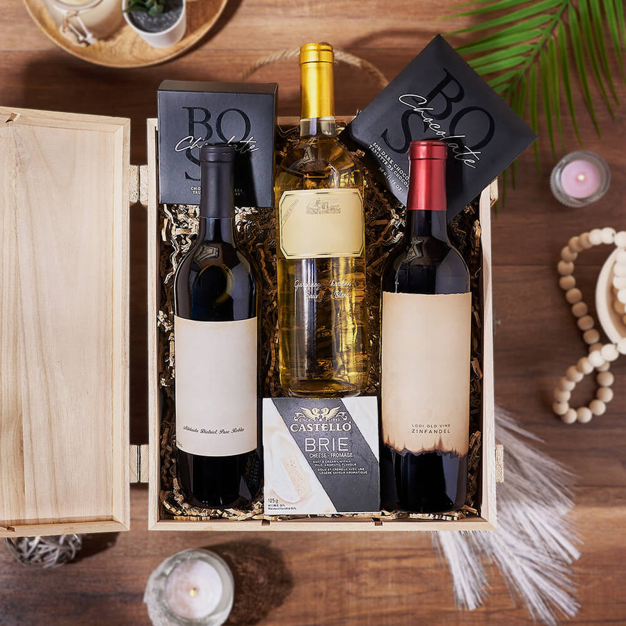 Wine Trio Pairing Gift, wine gift, wine, chocolate gift, chocolate, cheese gift, cheese, Montreal delivery