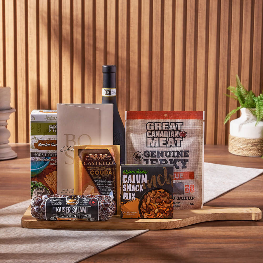Wine & Cheesy Treats Platter, wine gift, wine, cheese gift, cheese, salami gift, salami, gourmet gift, gourmet, Montreal delivery