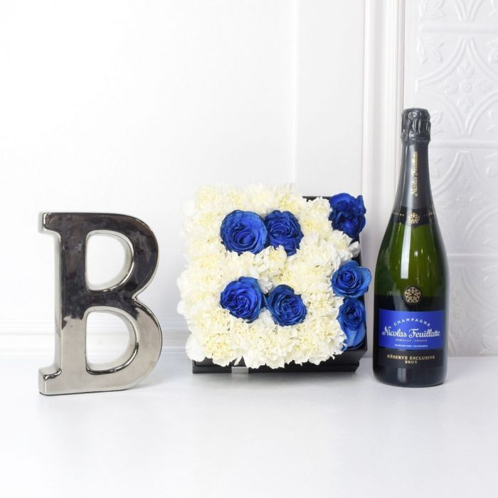 Baby Boy Flower Box with Champagne – how the gift is presented