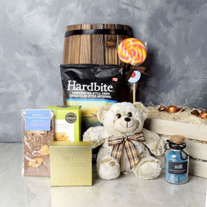 Cuddly Bear Snack Gift Crate with Plush Jamie Bear – how the gift is presented