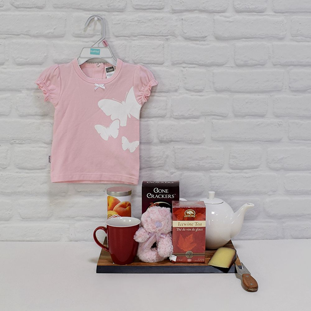 Doll Up Baby Girl Gift Basket with Plush Rattle and Pink T-Shirt – how the gift is presented