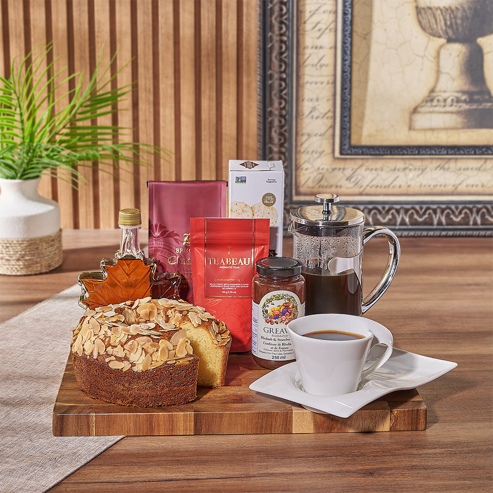 Gourmet Coffee & Coffee Cake Gift Set, brimming with buttery and decadent treats perfect for sharing during coffee time with loved ones - Montreal Baskets