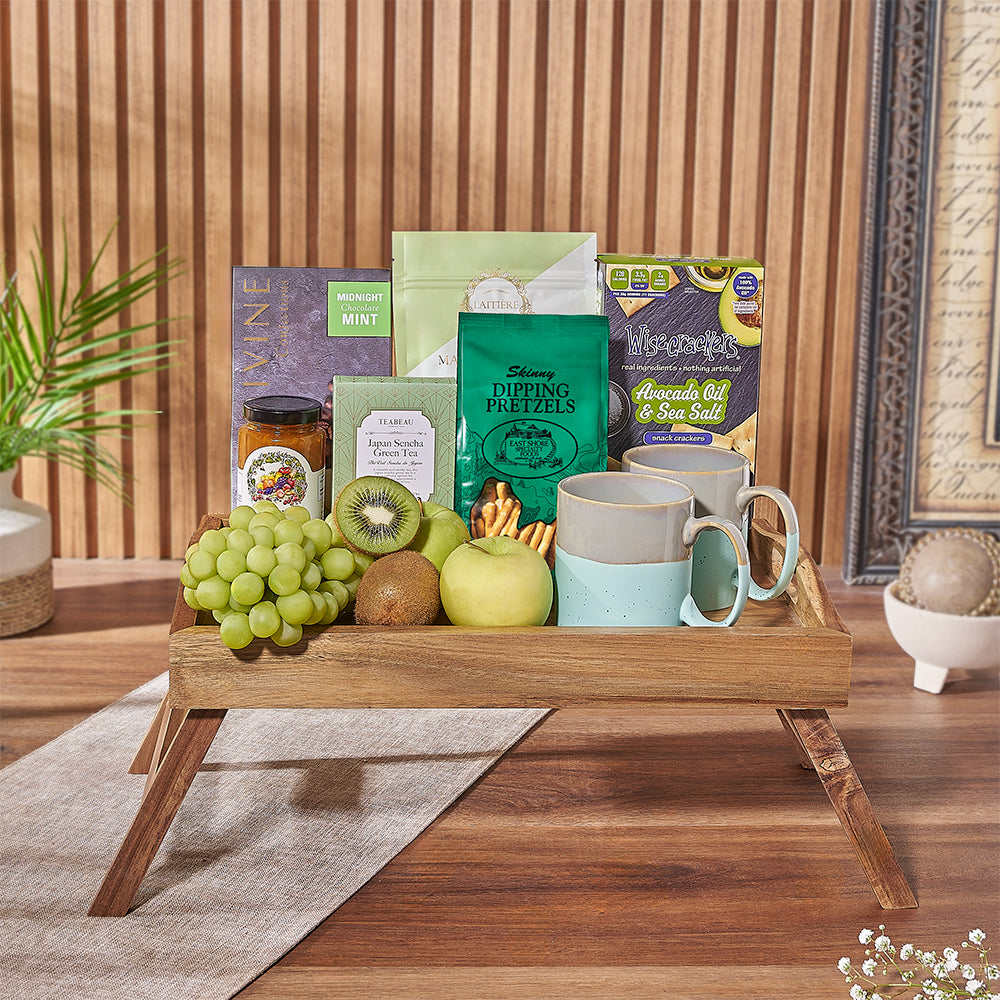 Breakfast in Bed Gift Tray with Fresh Fruit, Treats, and Bed Tray – how the gift is presented