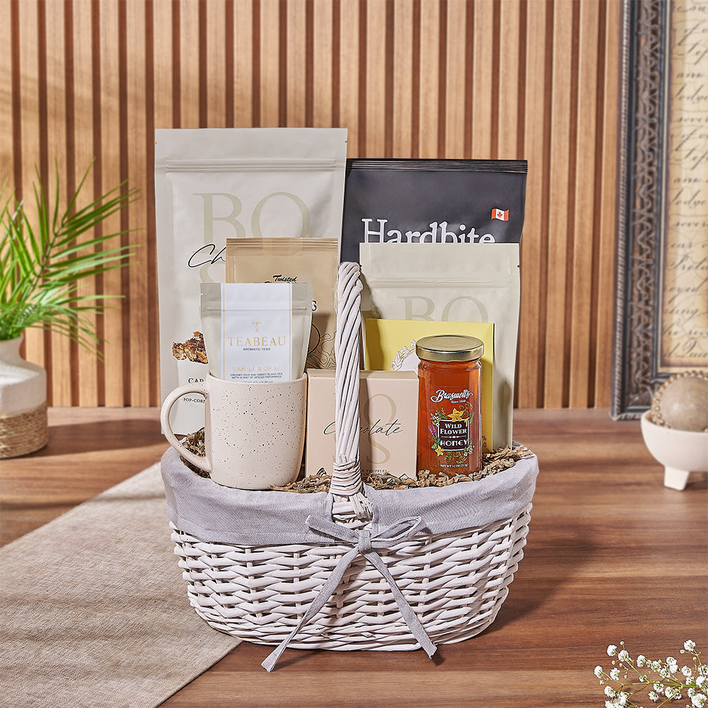 No-Alcohol Snack Gift Basket with Tea, Chocolates, and Honey – gift basket with boss caramel & milk chocolate pecan popcorn, boss beige butterscotch