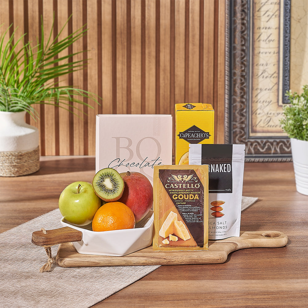 Healthy Fresh Fruit and Snack Gift Basket with Wooden Board – gift basket with boss milk chocolate book box, capeachio's natural butter flavour cracker and simply naked nuts sea salt almonds