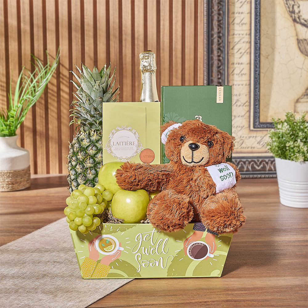 Get Well Basket with Sparkling Wine, Chocolates, Fresh Fruit, and Plush Teddy – gift basket with bottle of sparkling wine, bruges book green