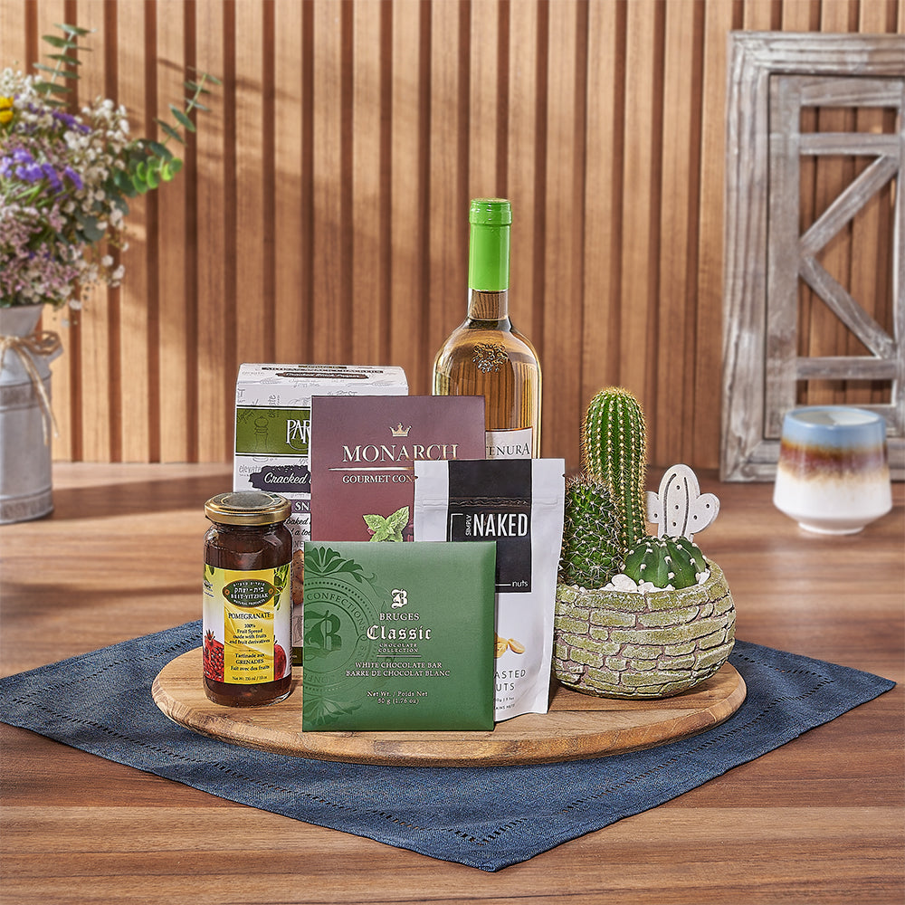 Kosher Wine &amp; Cacti Gift, kosher gift, kosher wine, plant, crackers, chocolate, nuts, jam, board, Montreal Delivery