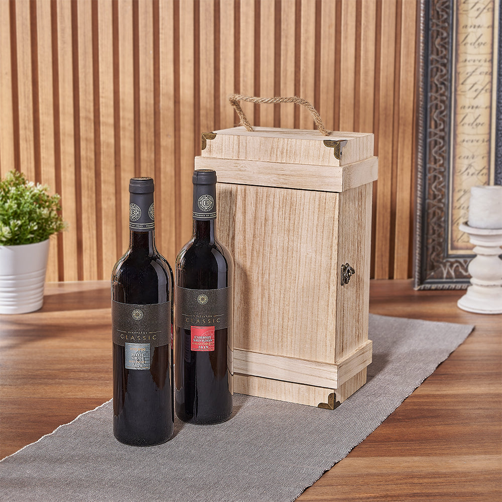 Kosher Wine Duo Gift – gift basket with 2 kosher bottles of wine and duo wine box w/ burned finish