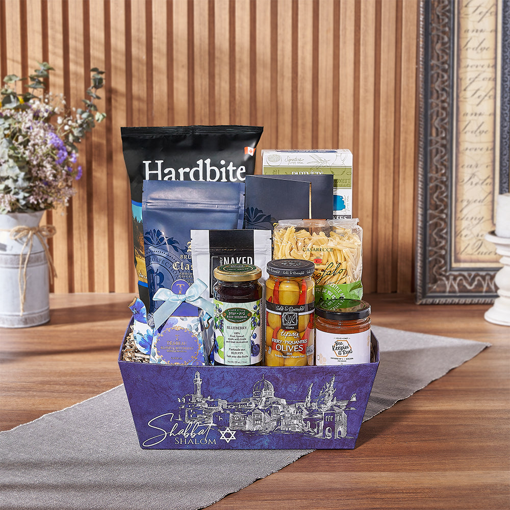 Montreal Baskets Kosher Treats Gift Basket with Shabbat Tray – how the gift is presented