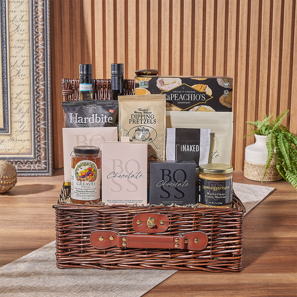 Customizable gift basket with wine and gourmet items