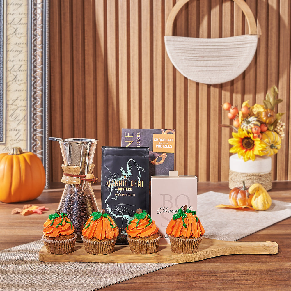 Thanksgiving Basket with Pumpkin Spice Cupcakes, Coffee, and Chocolates – gift basket with magnificent bastard espresso coffee, 4 pumpkin spice