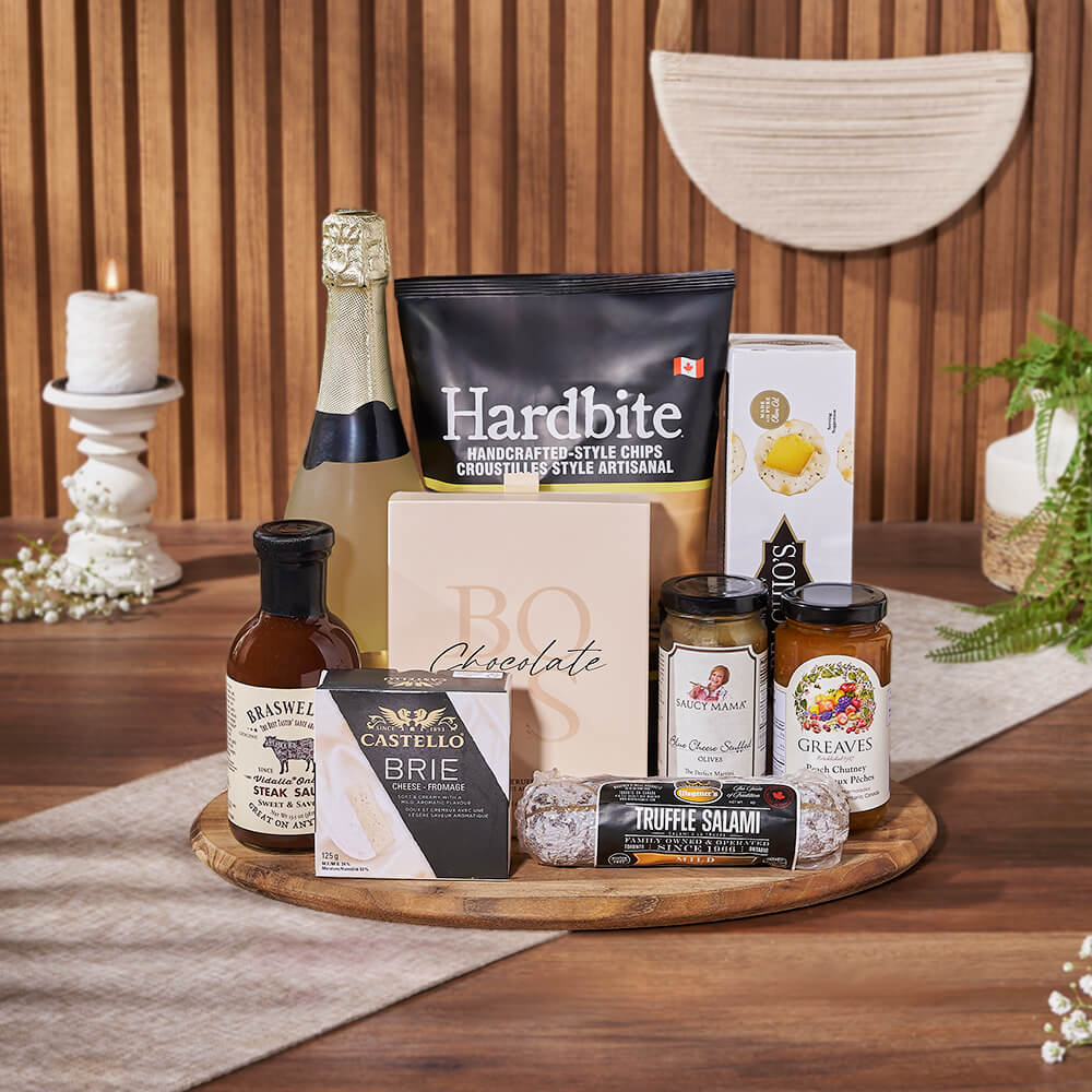 Sparkling Wine Gift Basket with Truffle Salami, Brie, and Assorted Treats – gift basket with bottle of sparkling wine, hardbite all natural chips