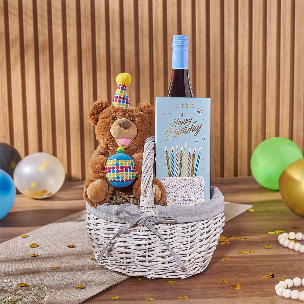 Birthday Wine &amp; Bear Gift Basket, wine gift, wine, birthday gift, birthday, chocolate gift, chocolate, Montreal delivery