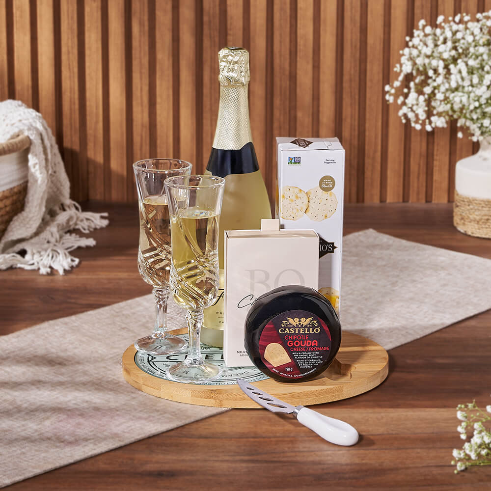 Bubble & Cheese Please Champagne Gift Basket, sparkling wine gift, sparkling wine, cheese gift, cheese, champagne gift, champagne, Montreal delivery