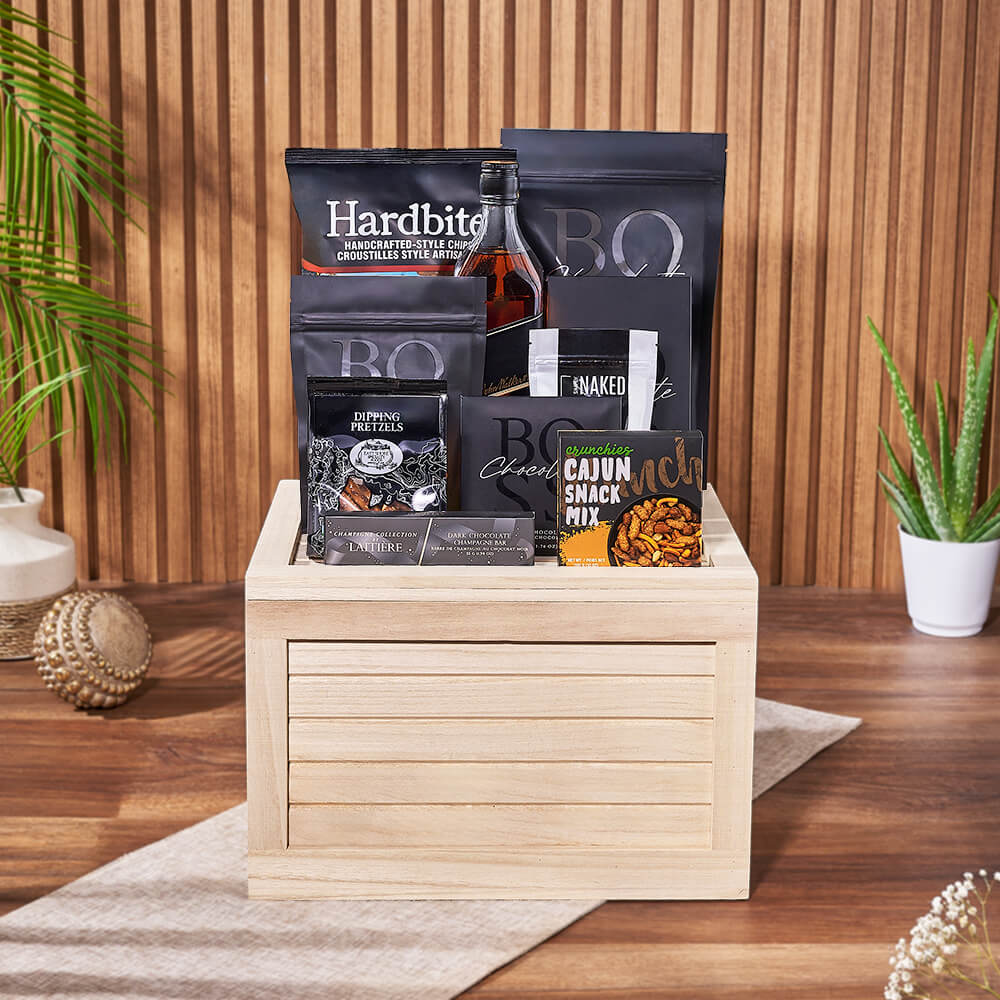 Carleton Liquor & Snack Crate, liquor gift, liquor, snack gift, snack, chocolate gift, chocolate, Montreal delivery