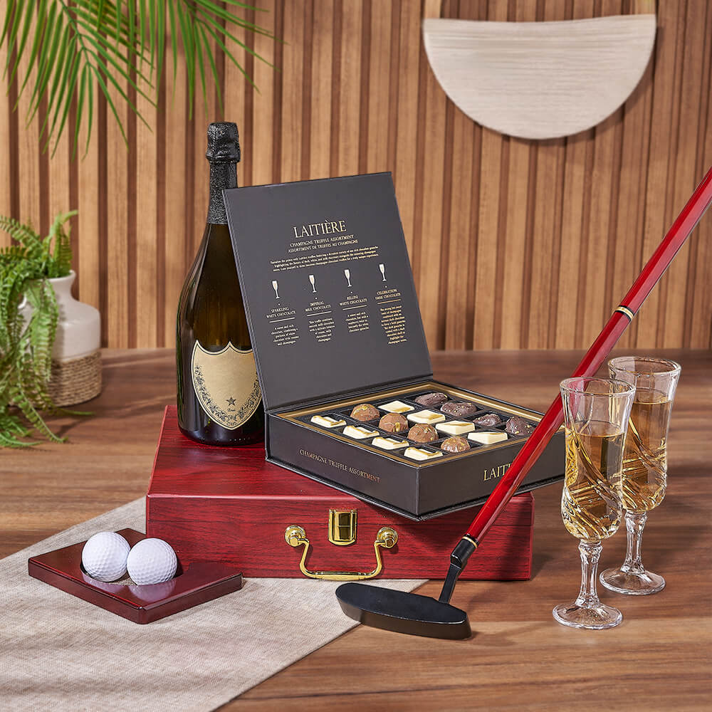 Golf Putting Practice Set with Spanish Sparkling Wine and Chocolate Truffles – gift basket with bottle of sparkling wine, laitiere champagne truffle assortment : with the laitiere champagne truffle assortment, celebrate in style! this decadent chocolate c
