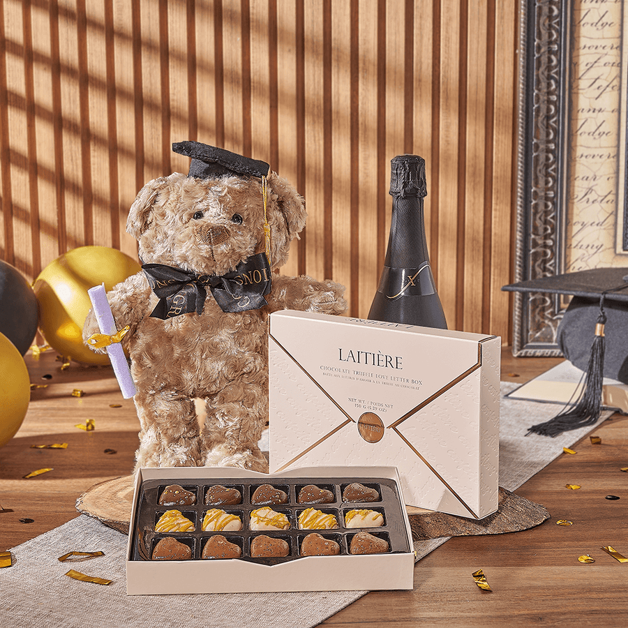 Champagne & Graduate Bear, champagne gift, champagne, sparkling wine gift, sparkling wine, graduation gift, graduation, chocolate gift, chocolate, Montreal delivery