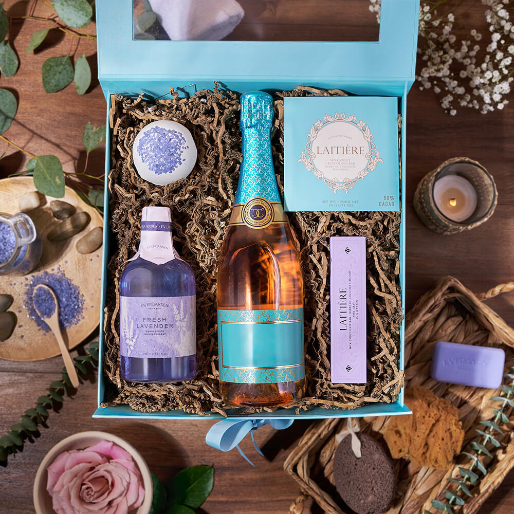 Sparkling Wine and Chocolate Spa Gift Set in Folding Box – gift basket with bottle of sparkling wine, evergarden fresh lavender bubble bath and evergarden fresh lavender bath bomb