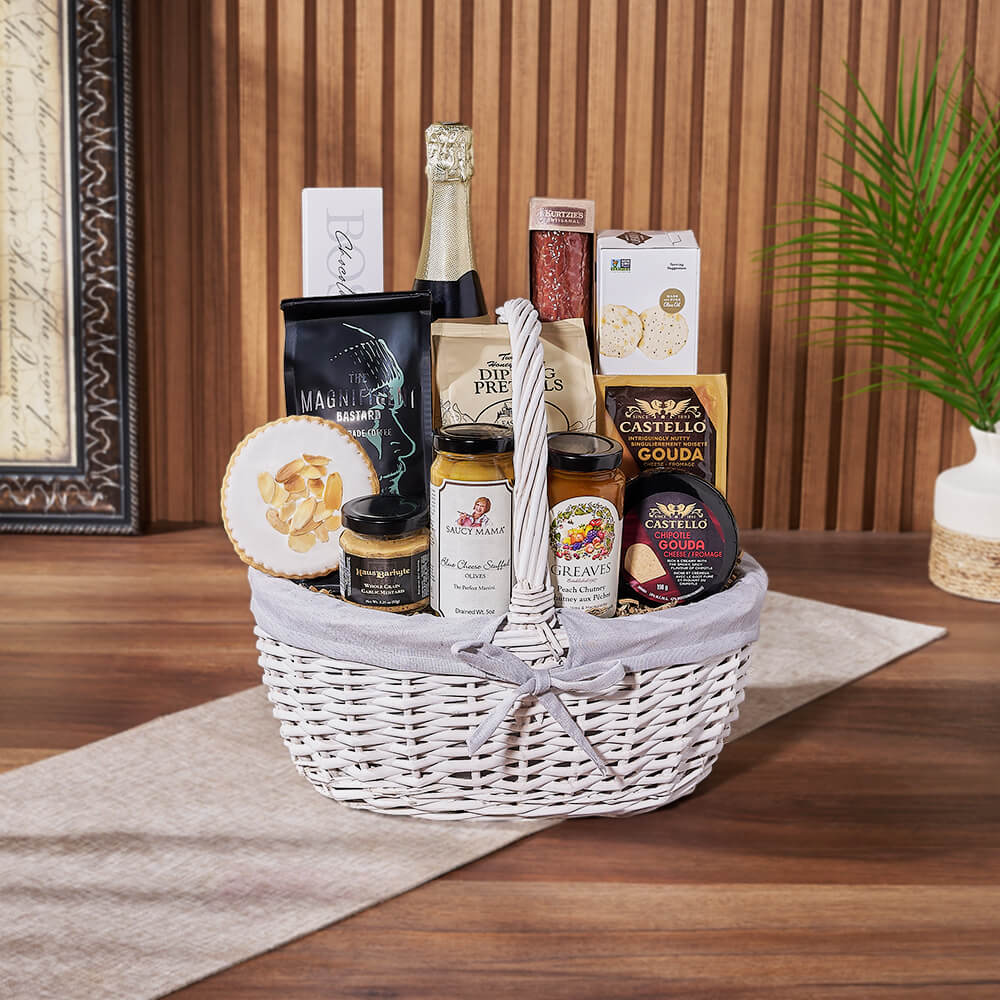 Sparkling Wine Gift Basket with Cheese, Chutney, and Salami – gift basket with bottle of sparkling wine, kurtzie's artisanal merlot salami