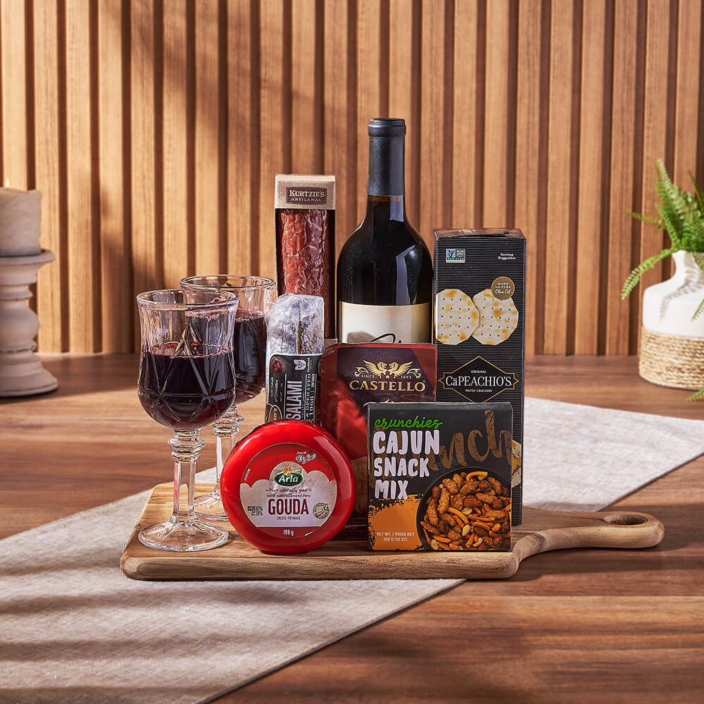 Wine Gift Basket with Palatine Hills Lakeshore Red and Select Cheeses – gift basket with bottle of wine : this wine gift set includes a bottle of wine, capeachio's original water cracker and crunchies cajun snack mix